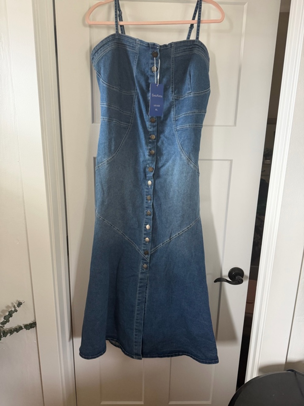 Washed Blue Denim Midi Dress with Front Buttons